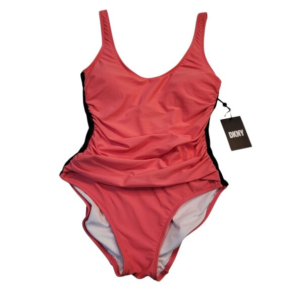 Calvin Klein Ruched V-Neck One-Piece Swimsuit Watermelon Sz 10 NWT - Picture 1 of 11